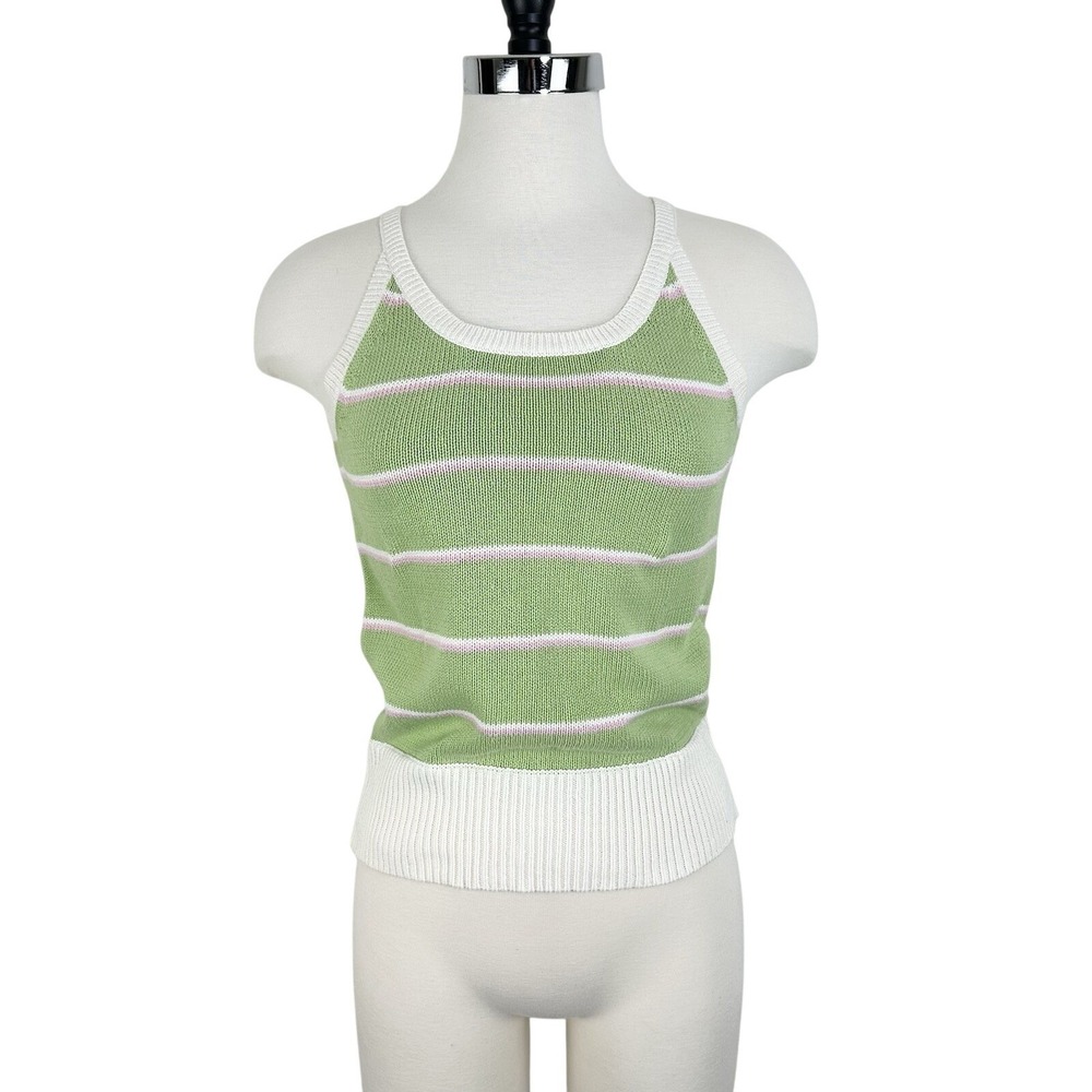 Vintage Sarah Spencer Sleeveless Sweater Tank Women's Small Green Cream‎ Stripe